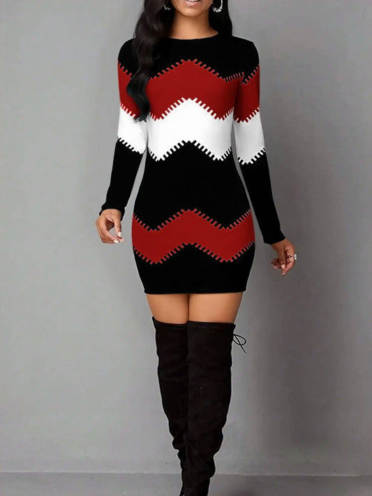 Knit Chevron Long Sleeve Mini Dress