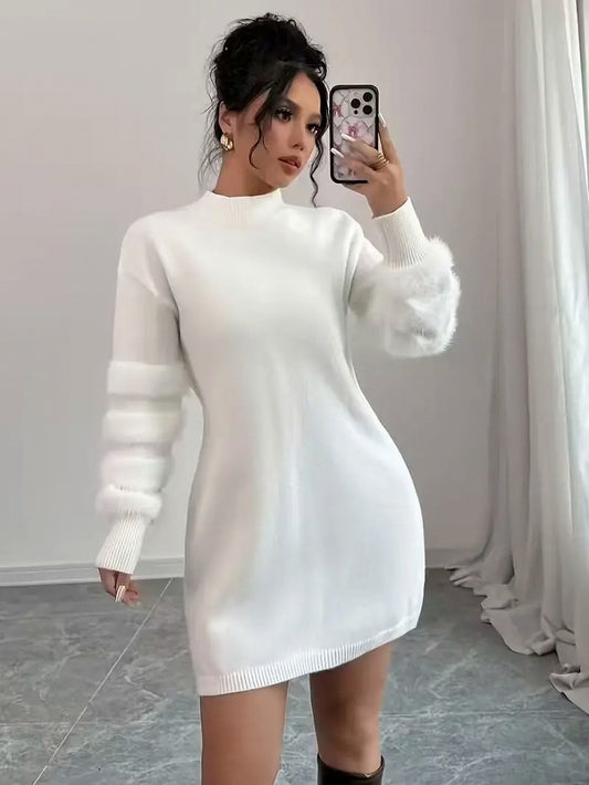 Faux Fur Sleeve Knit Mini Dress