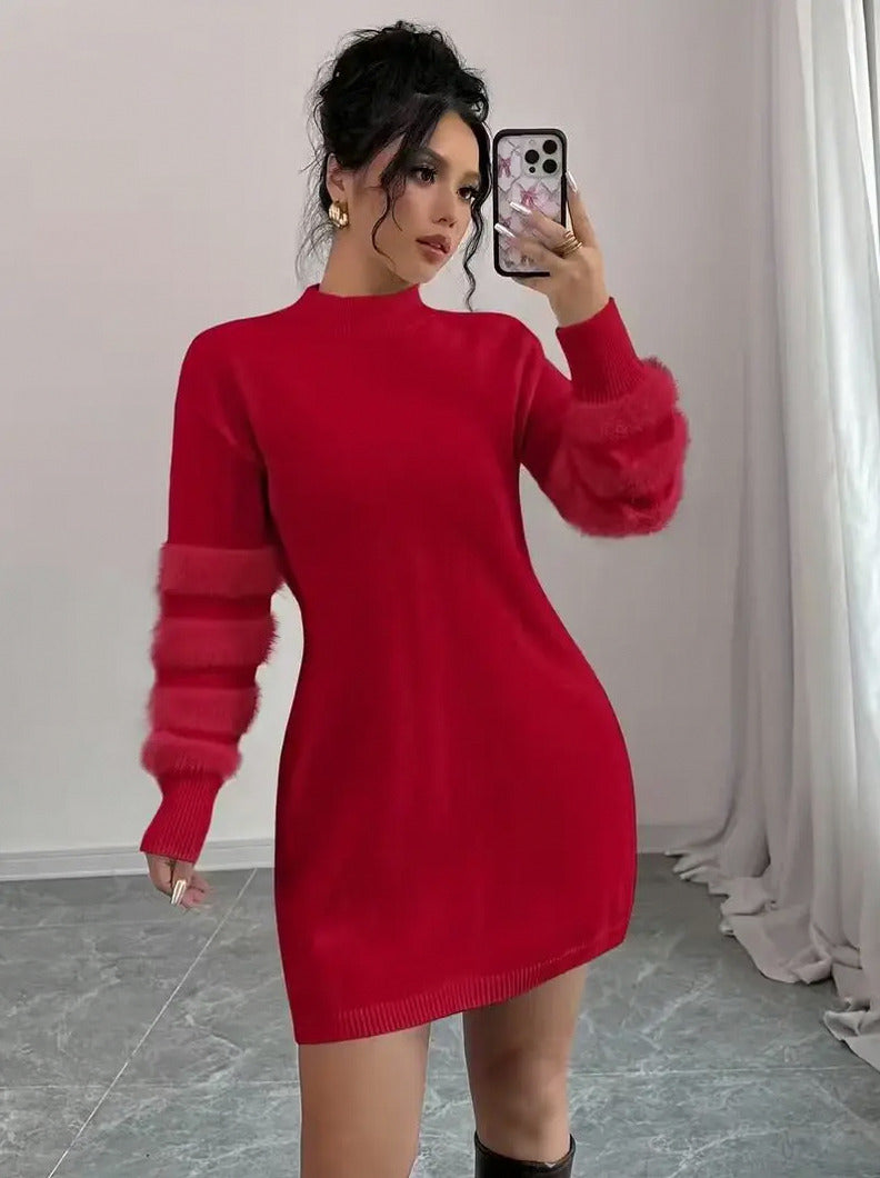 Faux Fur Sleeve Knit Mini Dress