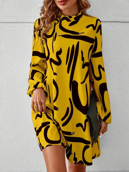 Abstract Print Mock Neck Mini Dress