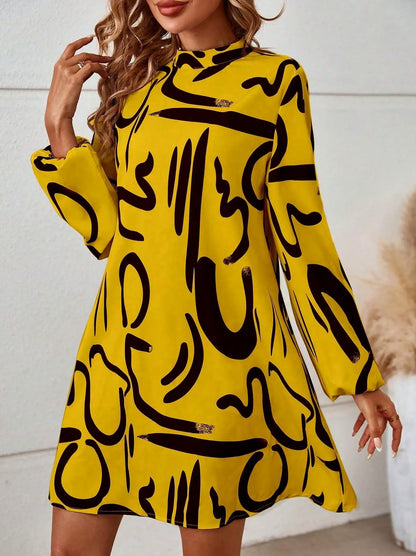 Abstract Print Mock Neck Mini Dress