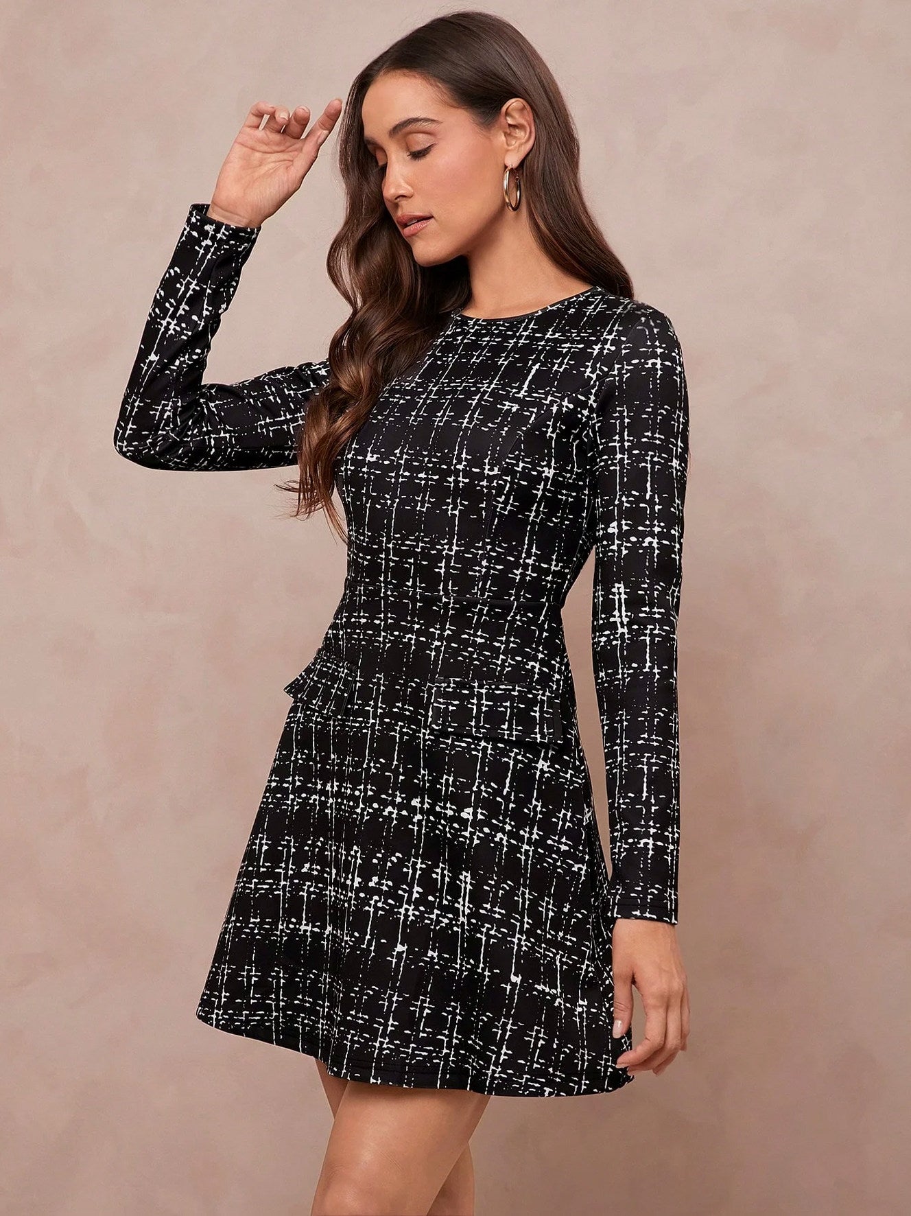 Abstract Grid Long Sleeve Mini Dress