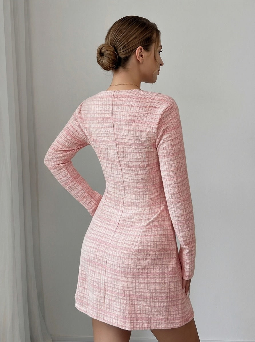 Tweed Plaid Square Neck Mini Dress