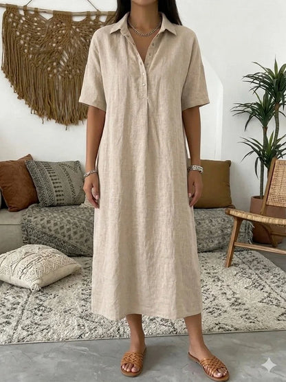 Relaxed Linen Short Sleeve Midi Dress