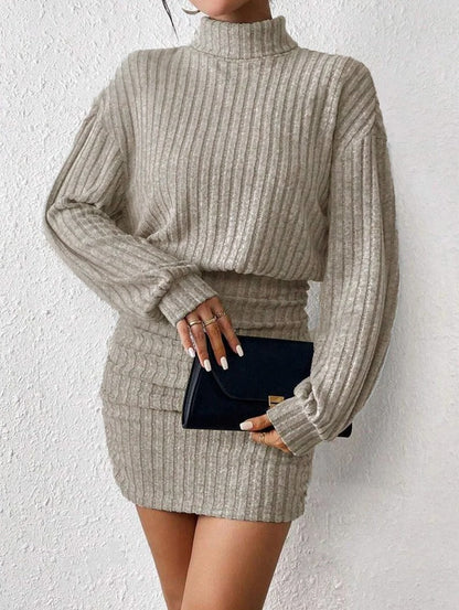 Ribbed Turtleneck Ruched Mini Dress