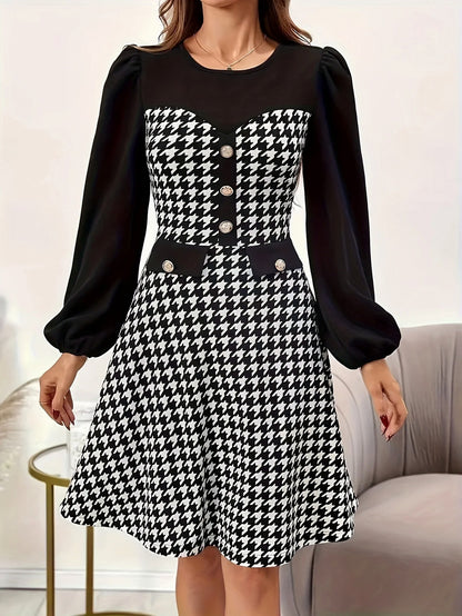 Houndstooth Long Sleeve Mini Dress