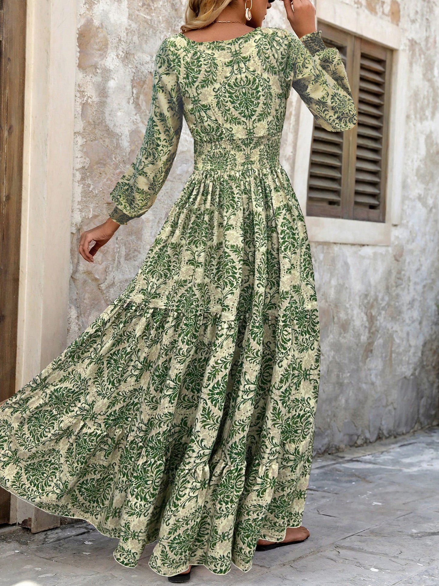 Damask Long Sleeve Maxi Dress