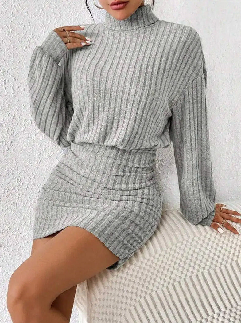 Ribbed Turtleneck Ruched Mini Dress