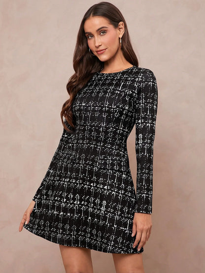 Abstract Grid Long Sleeve Mini Dress