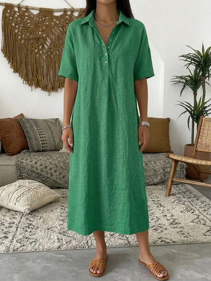 Relaxed Linen Short Sleeve Midi Dress