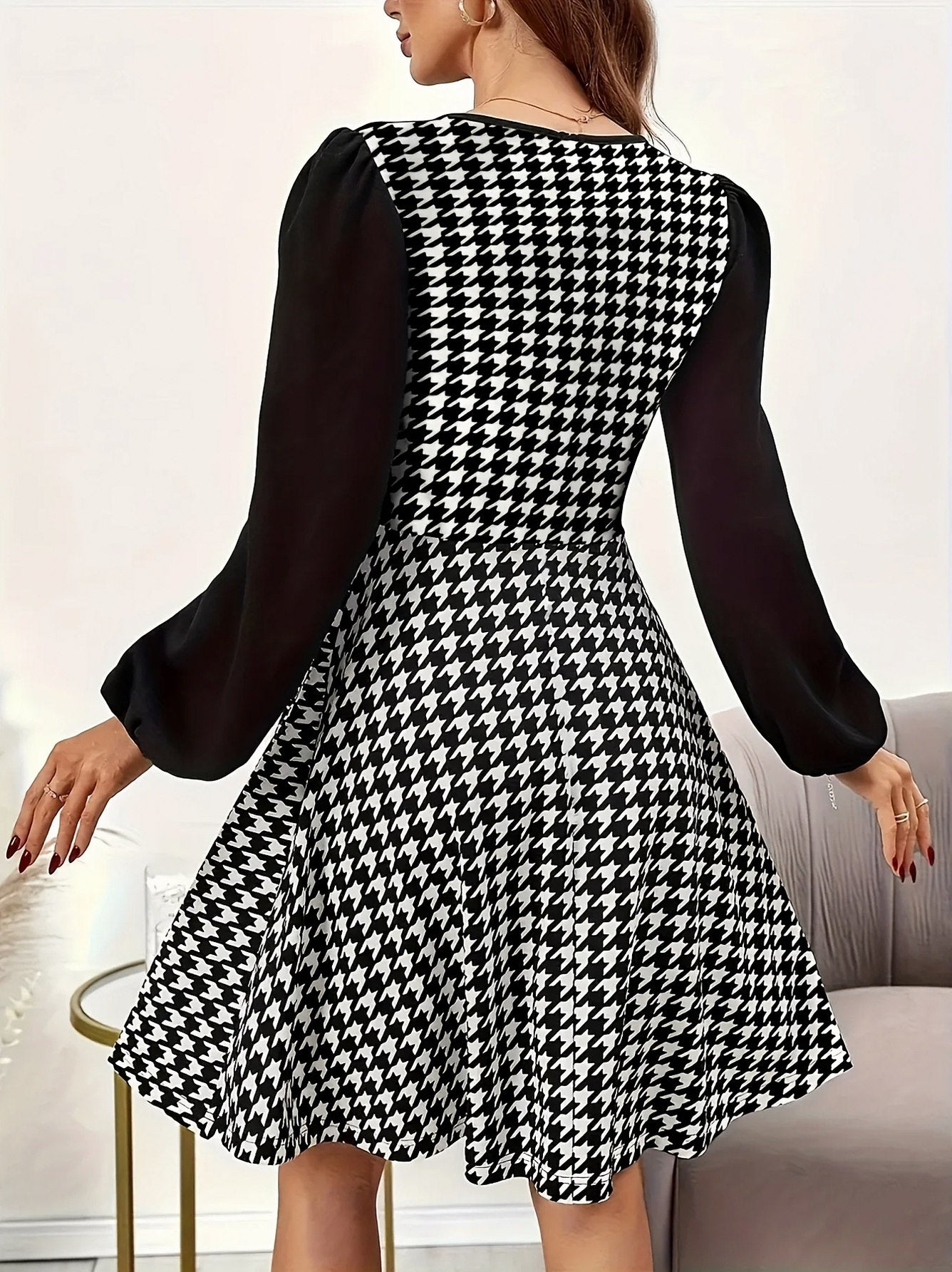 Houndstooth Long Sleeve Mini Dress