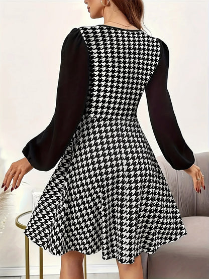 Houndstooth Long Sleeve Mini Dress