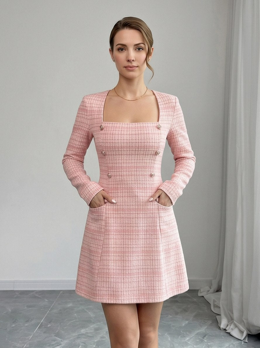 Tweed Plaid Square Neck Mini Dress