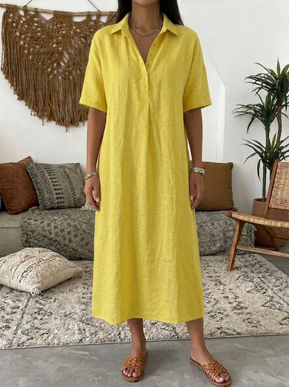 Relaxed Linen Short Sleeve Midi Dress