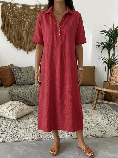 Relaxed Linen Short Sleeve Midi Dress
