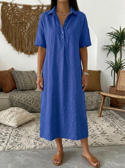 Relaxed Linen Short Sleeve Midi Dress