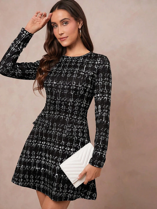Abstract Grid Long Sleeve Mini Dress