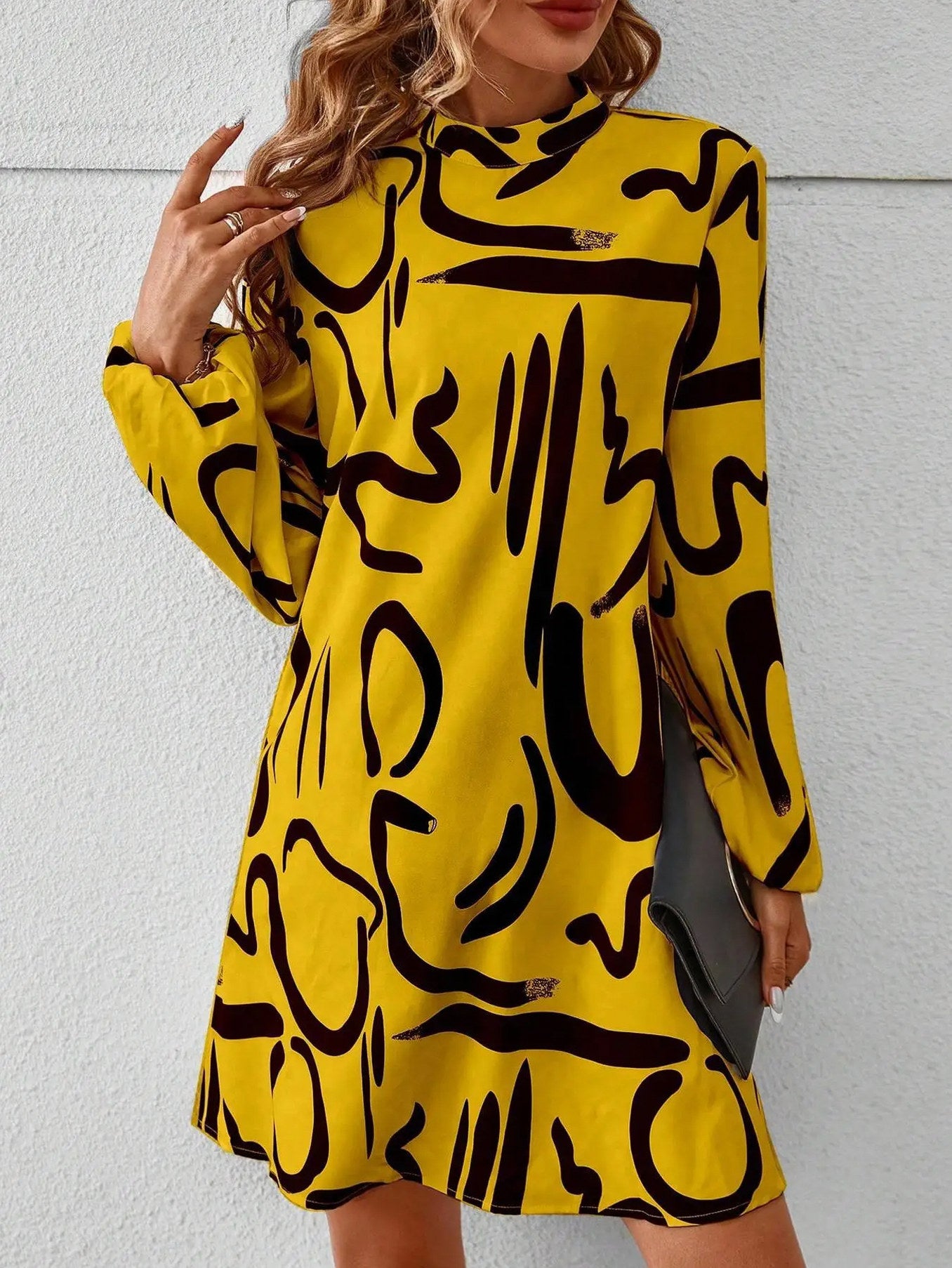 Abstract Print Mock Neck Mini Dress
