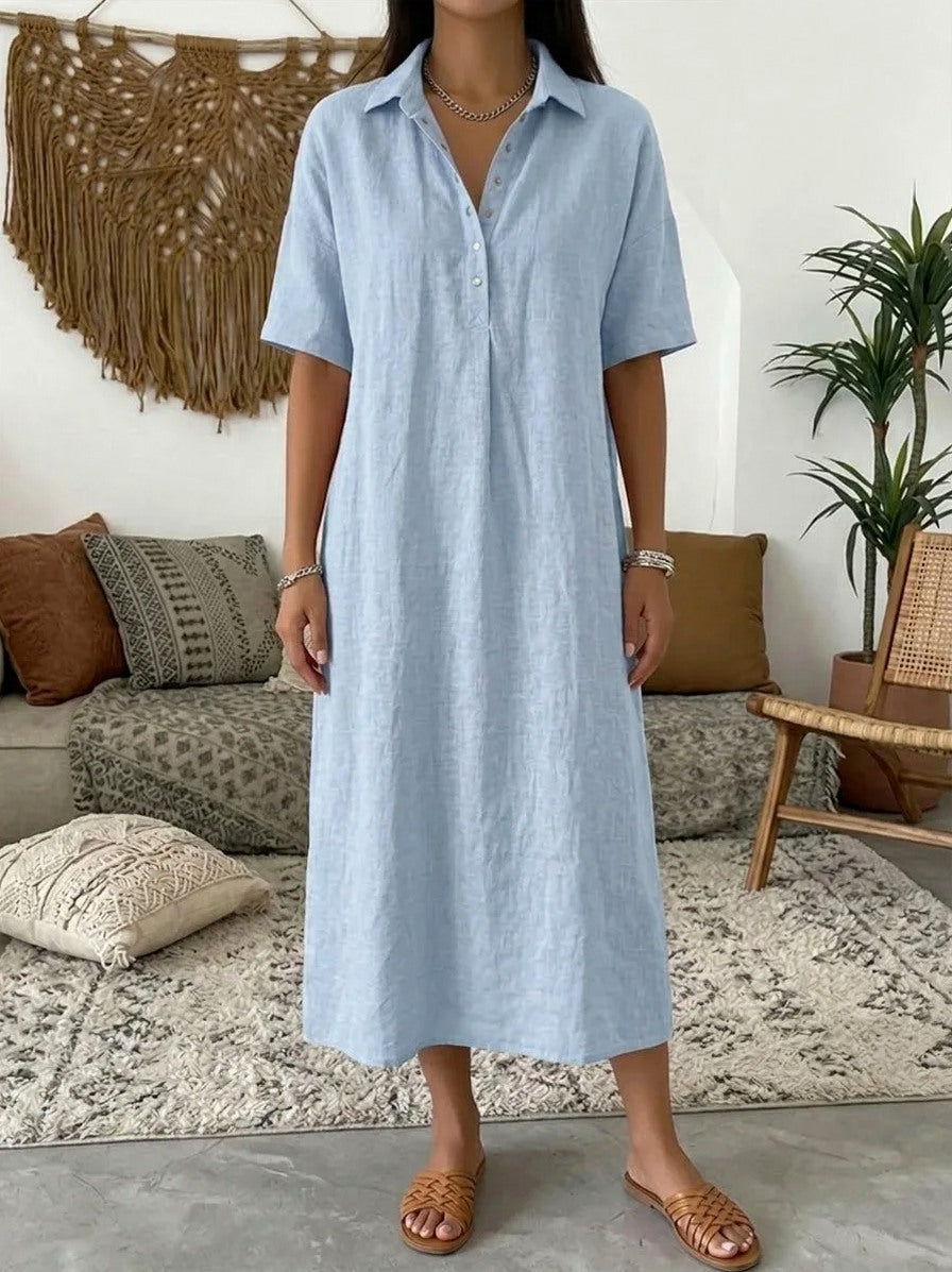 Relaxed Linen Short Sleeve Midi Dress