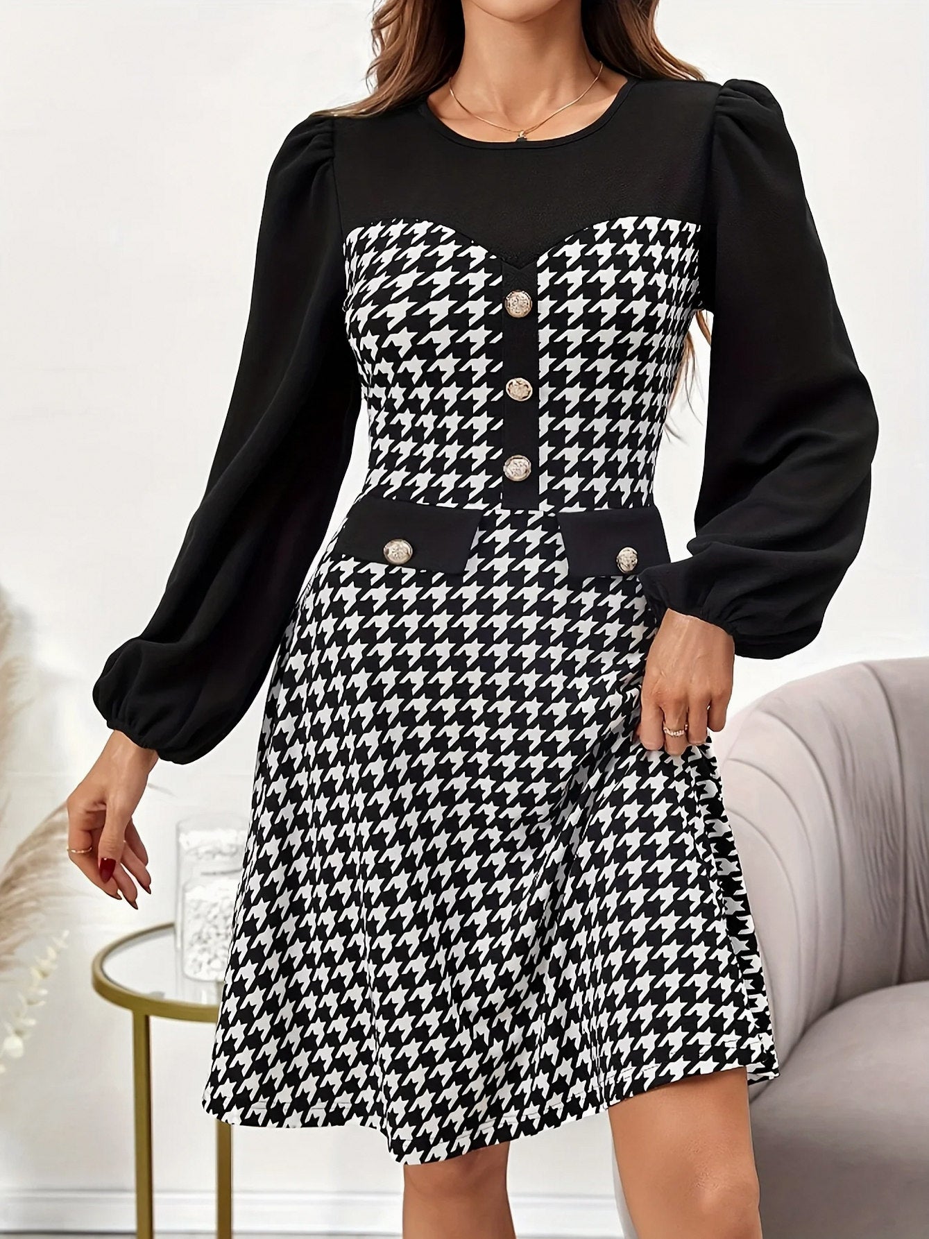 Houndstooth Long Sleeve Mini Dress