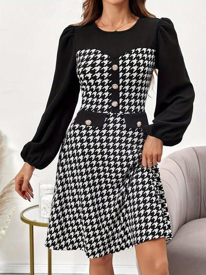 Houndstooth Long Sleeve Mini Dress