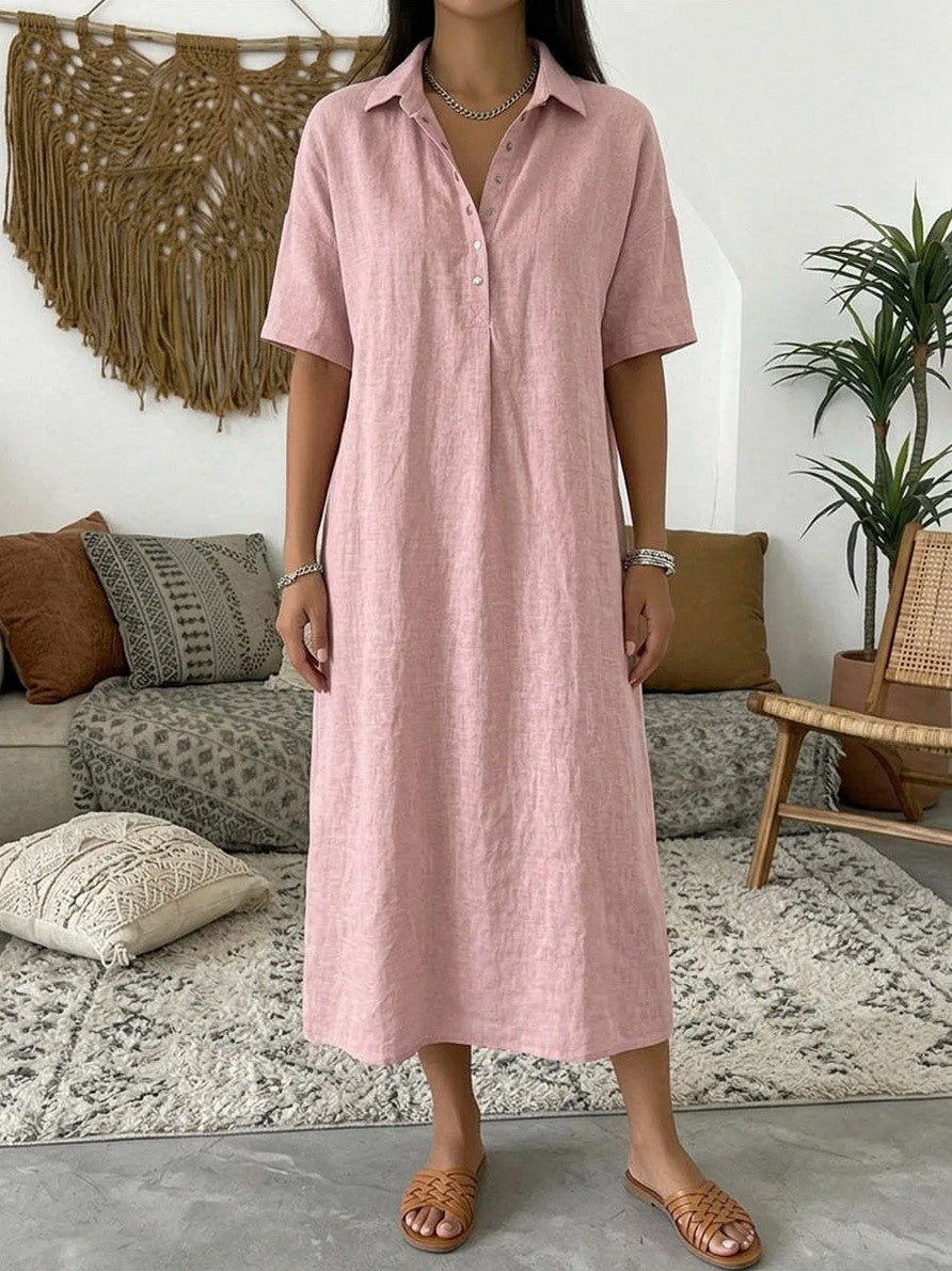 Relaxed Linen Short Sleeve Midi Dress