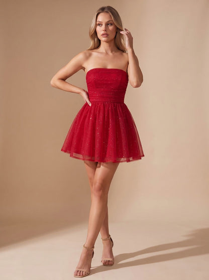 Tulle Strapless Ruched Mini Dress