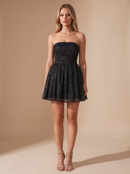 Tulle Strapless Ruched Mini Dress