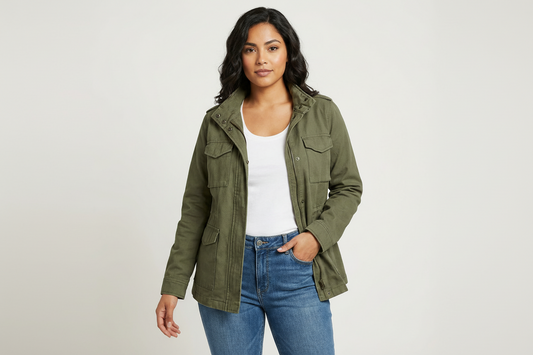 Green - A woman wearing a structured olive green twill utility jacket with four front flap pockets, a funnel neck, and a zip-front closure, styled over a white t-shirt and blue jeans.