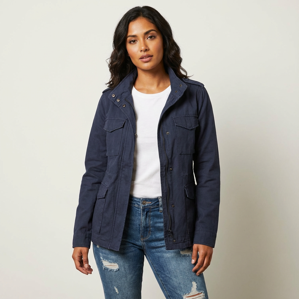 Blue - A woman wearing a structured olive green twill utility jacket with four front flap pockets, a funnel neck, and a zip-front closure, styled over a white t-shirt and blue jeans.