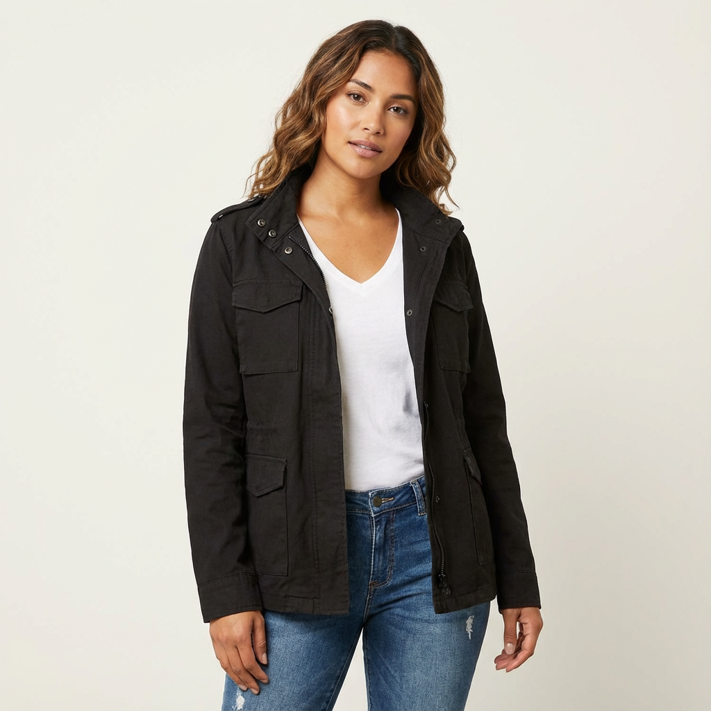 Black - A woman wearing a structured olive green twill utility jacket with four front flap pockets, a funnel neck, and a zip-front closure, styled over a white t-shirt and blue jeans.