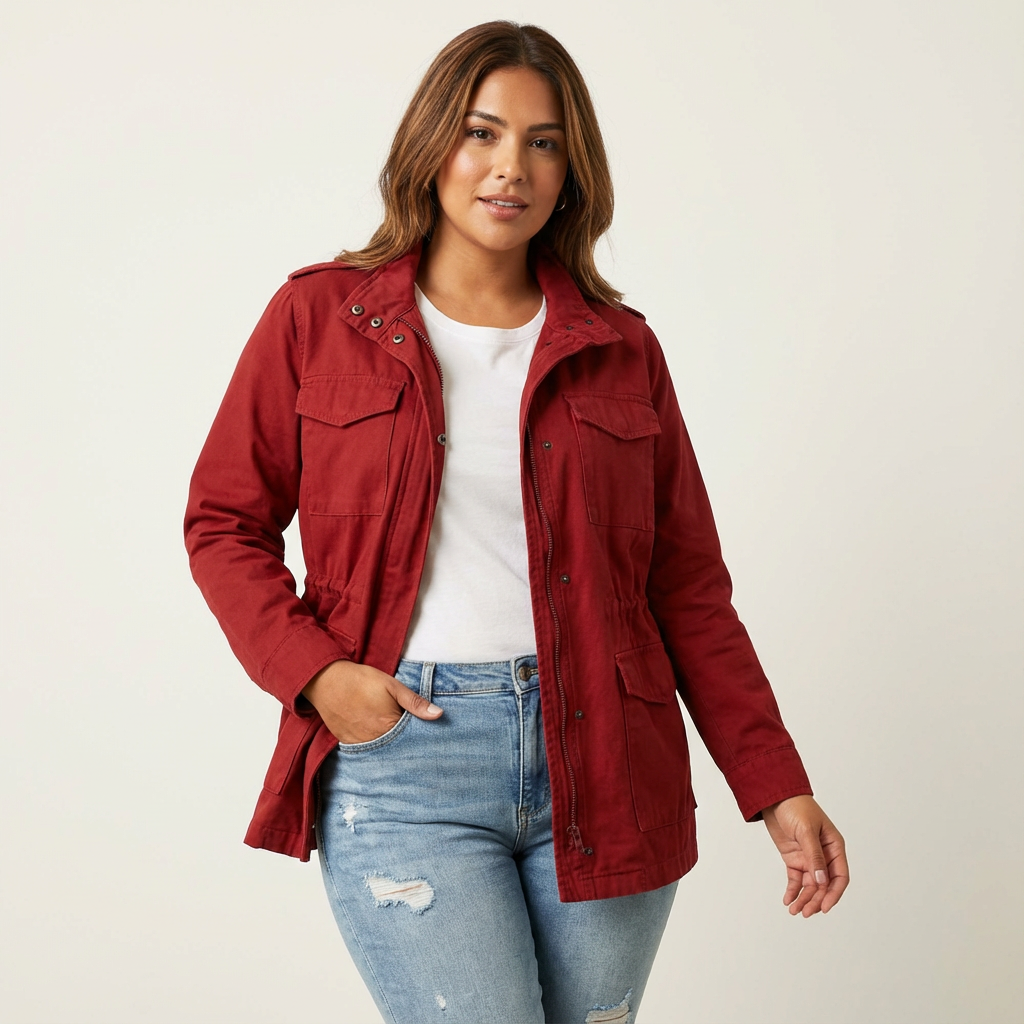 Red - A woman wearing a structured olive green twill utility jacket with four front flap pockets, a funnel neck, and a zip-front closure, styled over a white t-shirt and blue jeans.