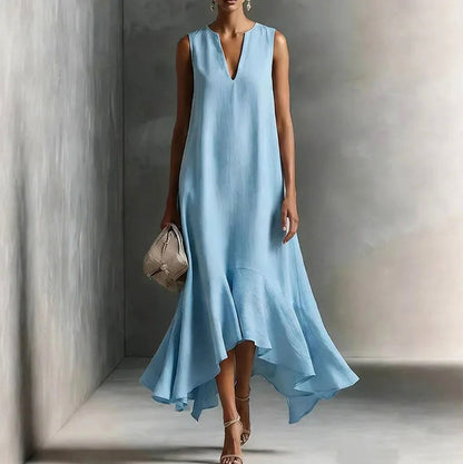 V-Neck Asymmetrical Ruffle Maxi Dress