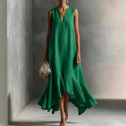 V-Neck Asymmetrical Ruffle Maxi Dress
