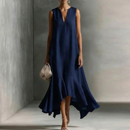 V-Neck Asymmetrical Ruffle Maxi Dress