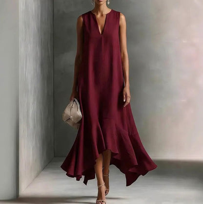 V-Neck Asymmetrical Ruffle Maxi Dress