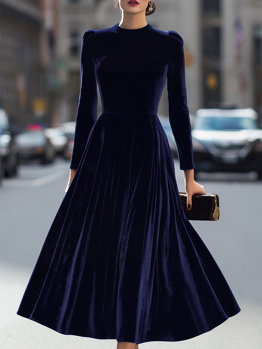 Navy Blue - Navy blue Velvet A-Line High Neck Long Sleeve Pleated Midi Dress