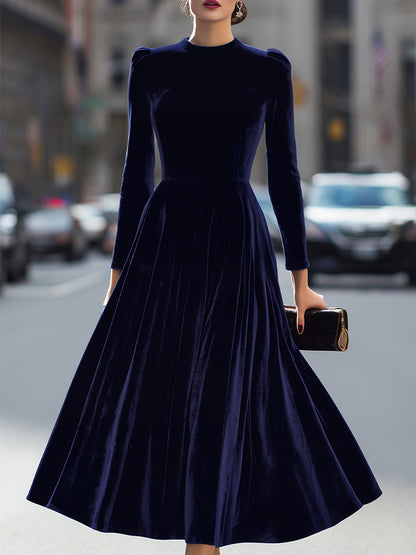 Navy Blue - Navy blue Velvet A-Line High Neck Long Sleeve Pleated Midi Dress