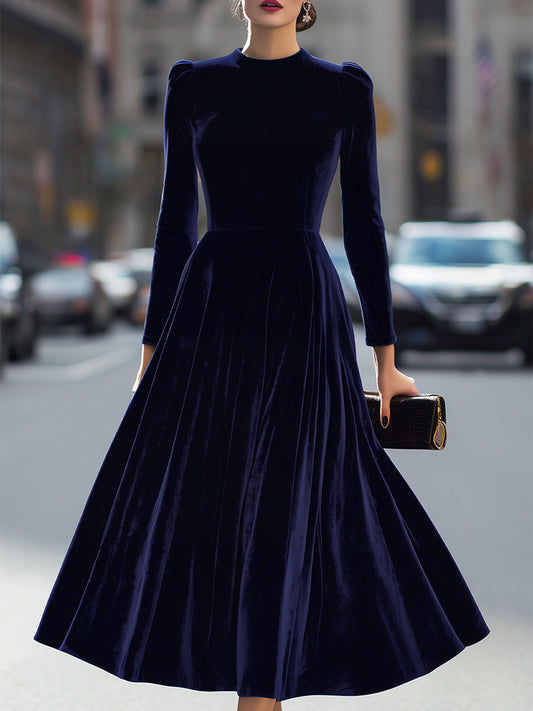 Navy Blue - Navy blue Velvet A-Line High Neck Long Sleeve Pleated Midi Dress