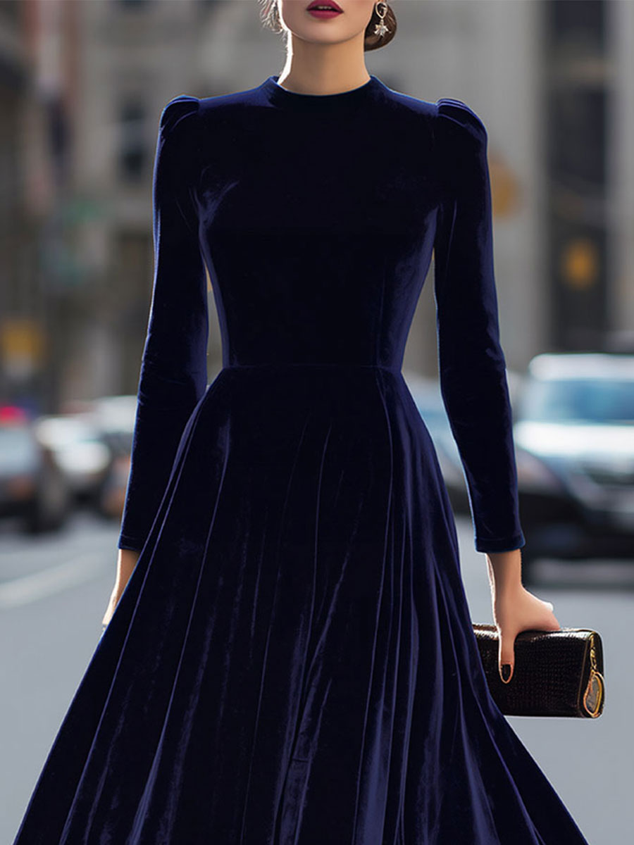 Navy Blue - Navy blue Velvet A-Line High Neck Long Sleeve Pleated Midi Dress
