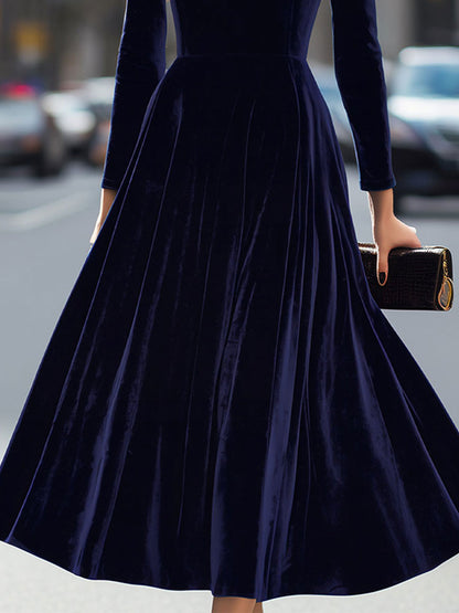 Navy Blue - Navy blue Velvet A-Line High Neck Long Sleeve Pleated Midi Dress