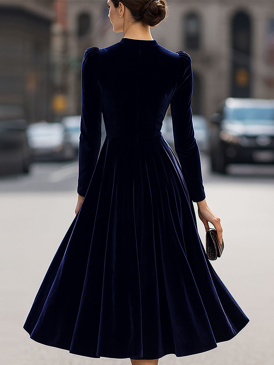 Navy Blue - Navy blue Velvet A-Line High Neck Long Sleeve Pleated Midi Dress
