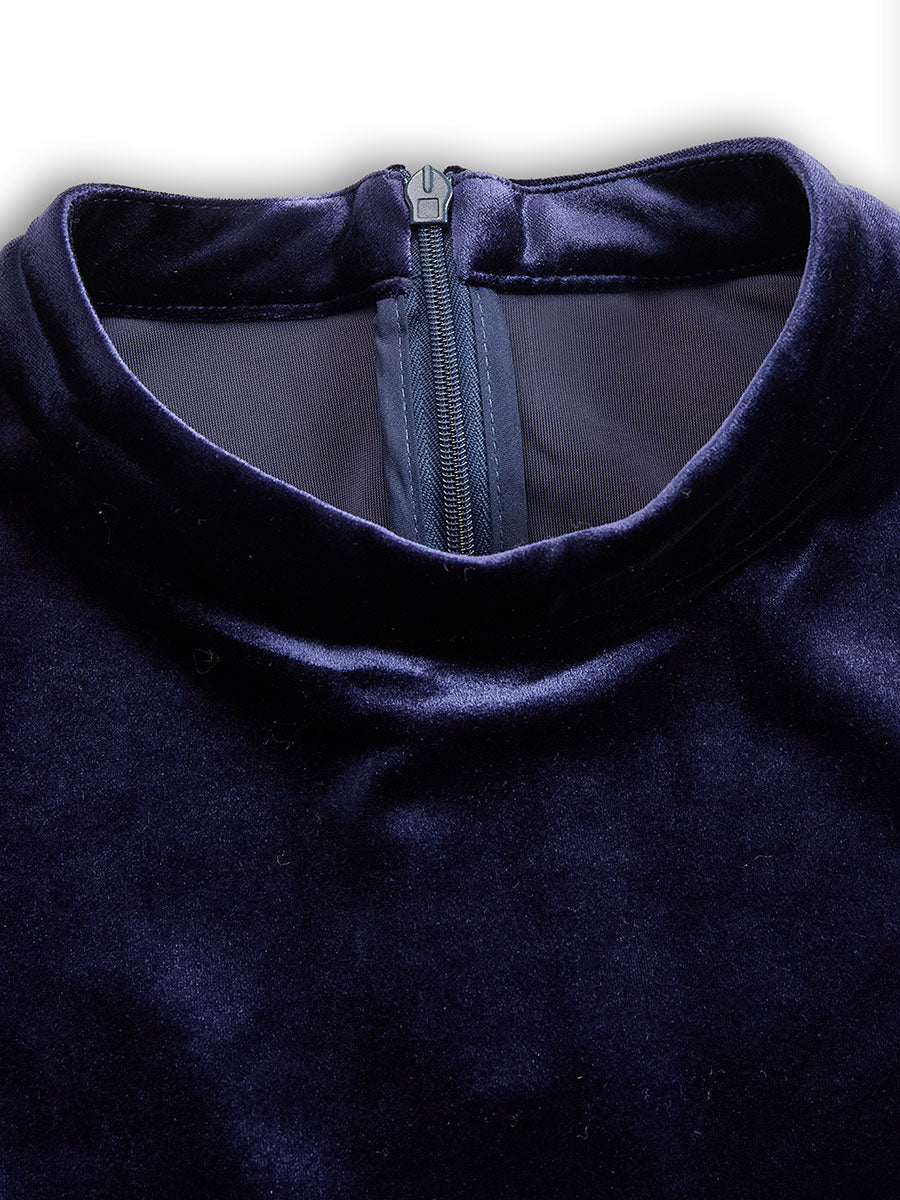 Navy Blue - Navy blue Velvet A-Line High Neck Long Sleeve Pleated Midi Dress