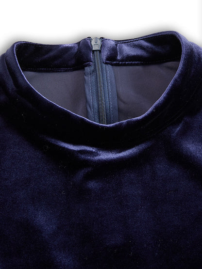 Navy Blue - Navy blue Velvet A-Line High Neck Long Sleeve Pleated Midi Dress