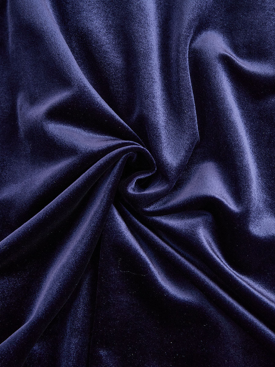 Navy Blue - Navy blue Velvet A-Line High Neck Long Sleeve Pleated Midi Dress