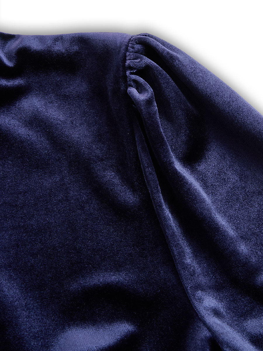 Navy Blue - Navy blue Velvet A-Line High Neck Long Sleeve Pleated Midi Dress