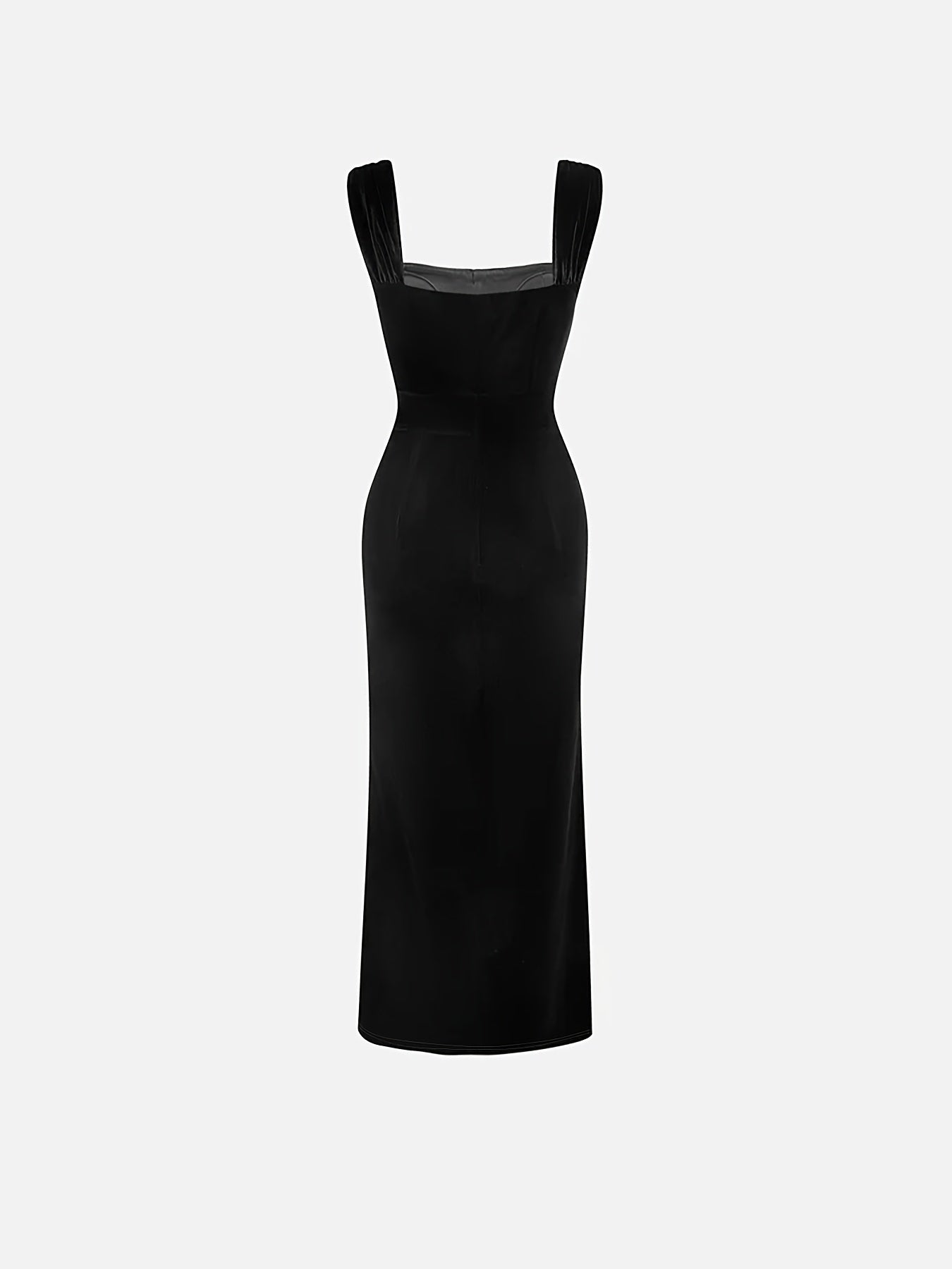 Model walking a runway wearing a long velvet bodycon dress featuring a sweetheart neckline, cap sleeves, a bow at the waist, and a high slit with a lace insert.