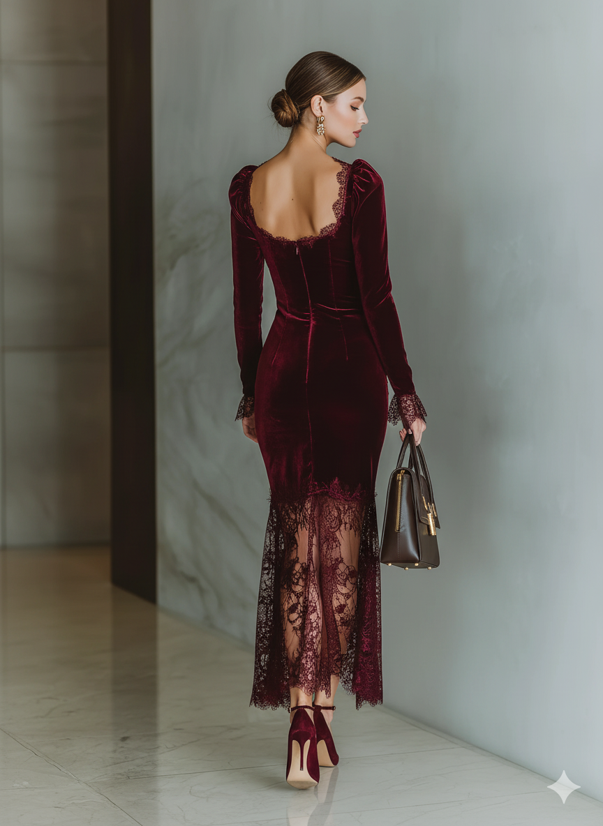 Burgundy - A woman wearing a fitted deep burgundy velvet midi dress featuring a square neckline with lace trim, long sleeves with flared lace cuffs, and a sheer asymmetrical lace hemline.
