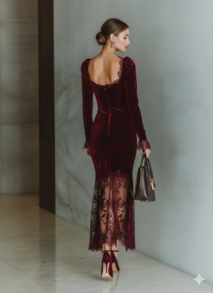 Burgundy - A woman wearing a fitted deep burgundy velvet midi dress featuring a square neckline with lace trim, long sleeves with flared lace cuffs, and a sheer asymmetrical lace hemline.