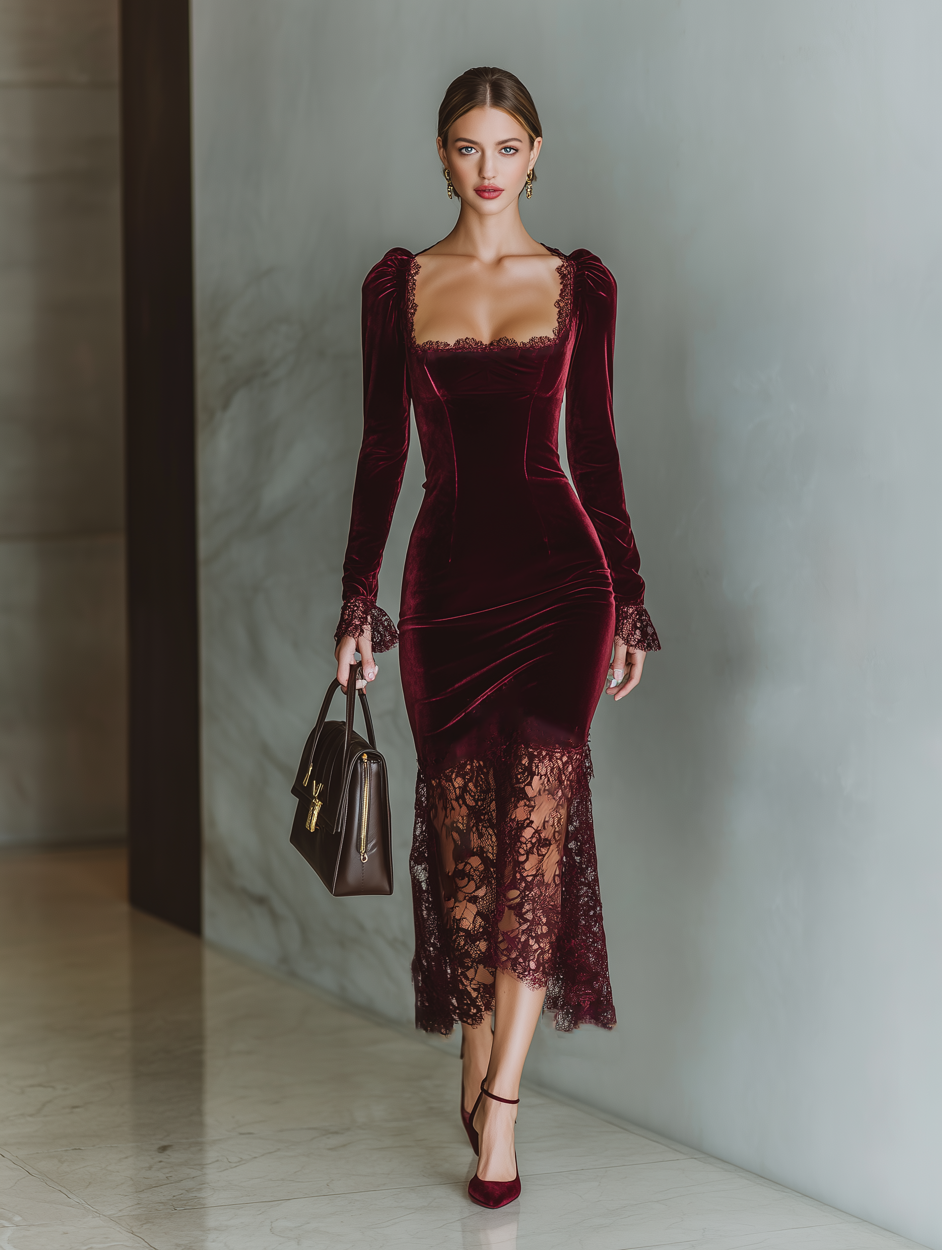 A woman wearing a fitted deep burgundy velvet midi dress featuring a square neckline with lace trim, long sleeves with flared lace cuffs, and a sheer asymmetrical lace hemline.